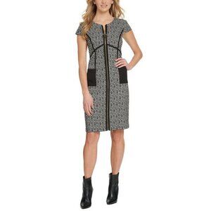 DKNY Houndstooth Sheath Dress 2 Fitted Black White Zipper Cap Sleeves Work